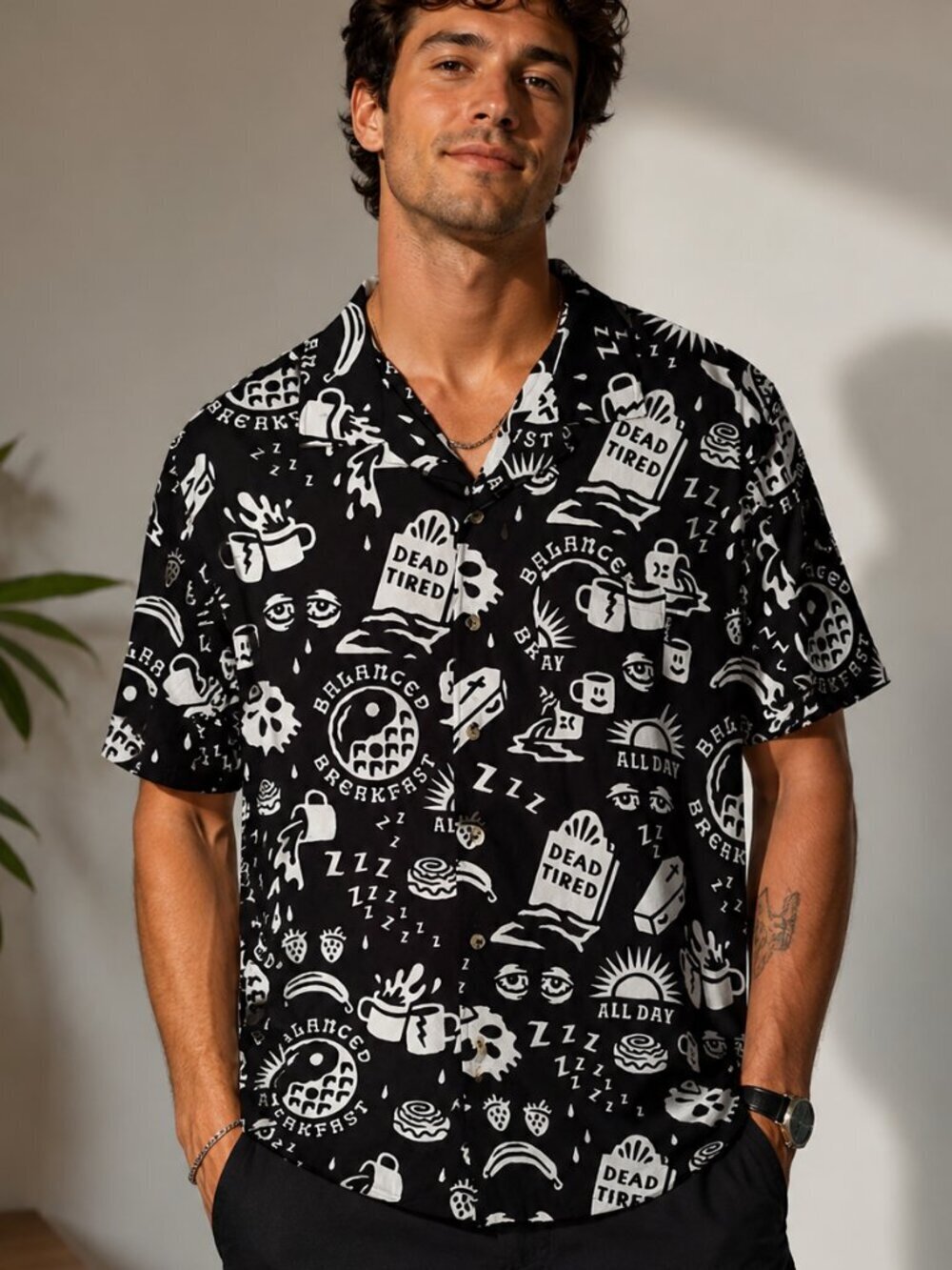 PYKNIC Black White Dead Tired Breakfast Graphic Button-Up Shirt Unisex
